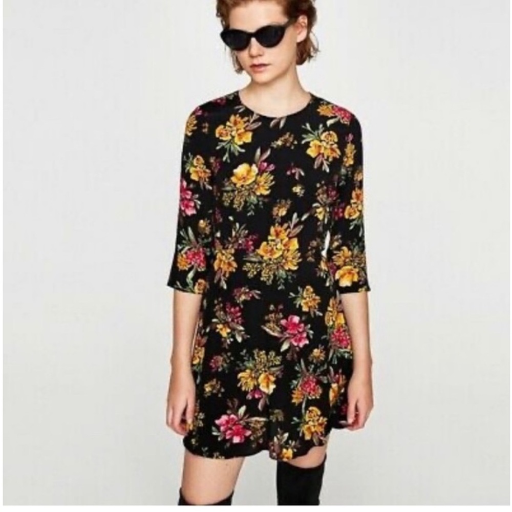 Zara Basic Yellow and Pink Floral Crepe / Sundress 3/4 Sleeve